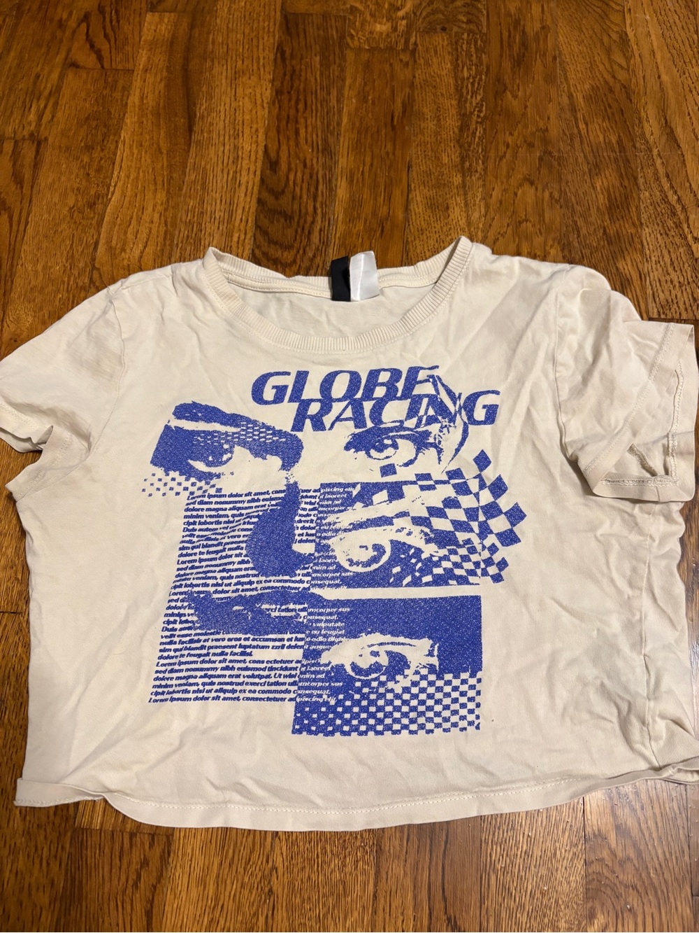 H&M White Crop Top with Blue Globe Racing Graphic